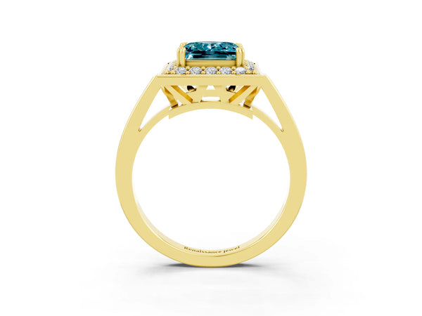 Yellow gold Princess Cut Blue Topaz Halo Ring with Split Shank and Four-Prong Setting
