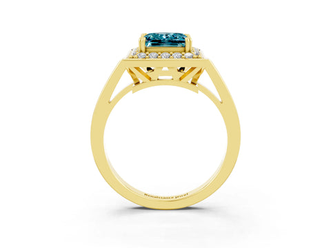Yellow gold Princess Cut Blue Topaz Halo Ring with Split Shank and Four-Prong Setting_3