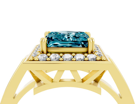 Yellow gold Princess Cut Blue Topaz Halo Ring with Split Shank and Four-Prong Setting_4