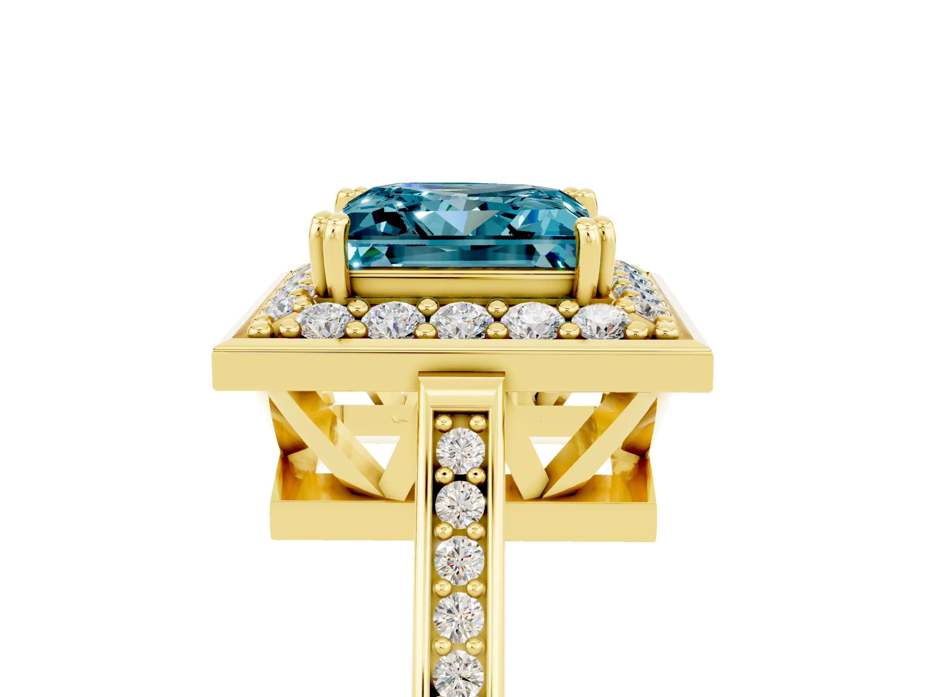 Yellow gold Princess Cut Blue Topaz Halo Ring with Split Shank and Four-Prong Setting_5