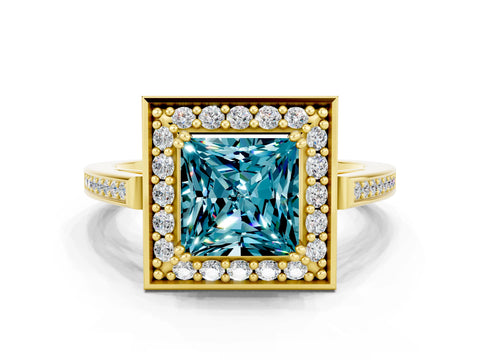 Yellow gold Princess Cut Blue Topaz Halo Ring with Split Shank and Four-Prong Setting