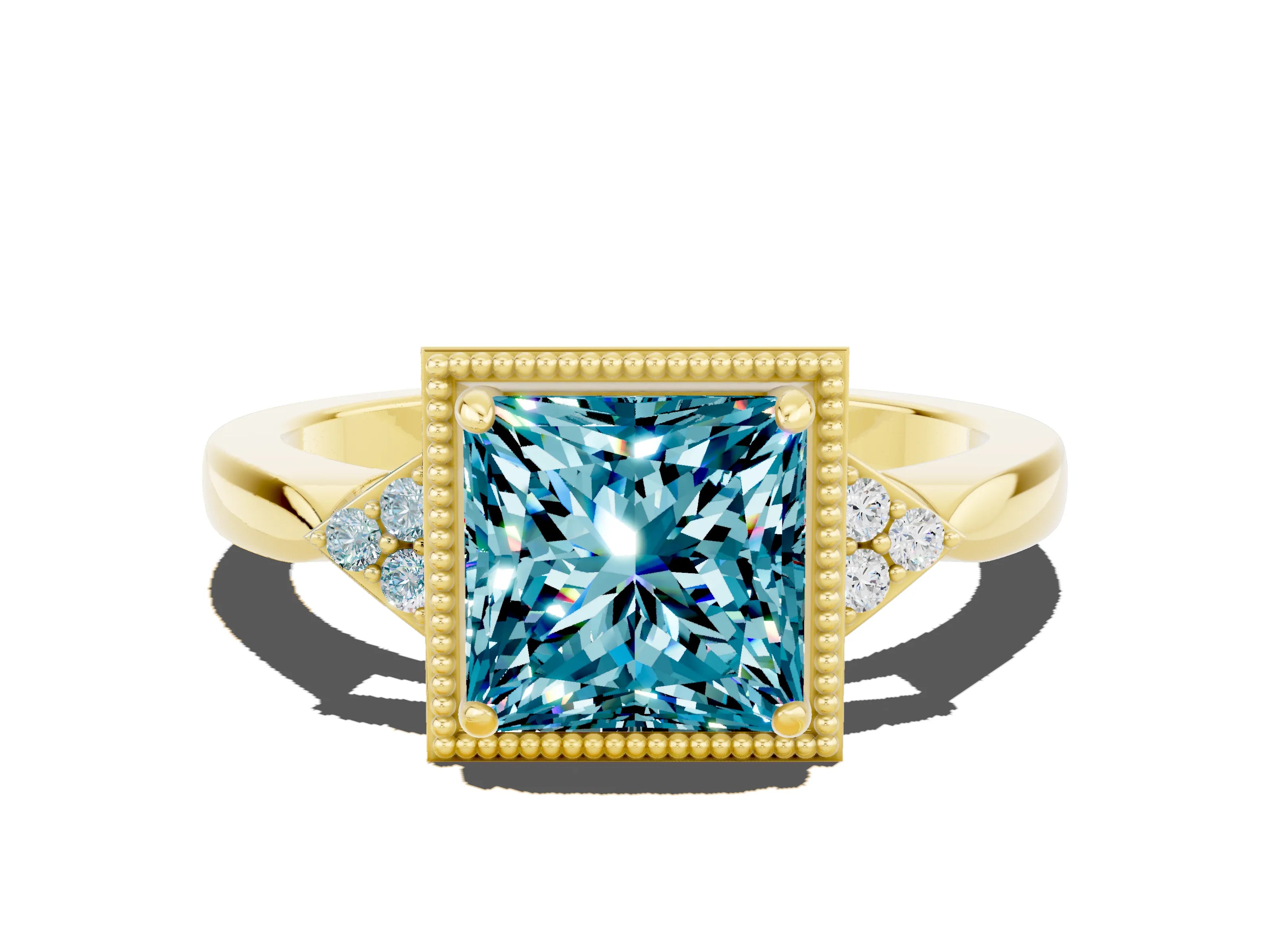 Yellow gold Princess Cut Blue Topaz Halo Ring with Tapered Band and Four-Prong Setting