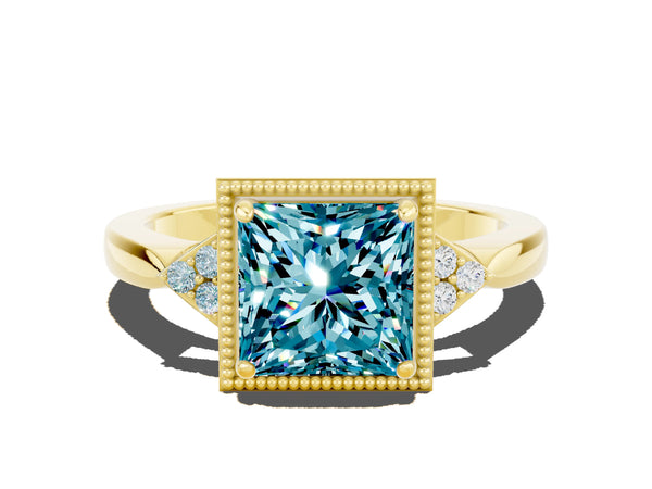 Yellow gold Princess Cut Blue Topaz Halo Ring with Tapered Band and Four-Prong Setting