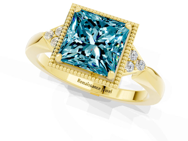 Yellow gold Princess Cut Blue Topaz Halo Ring with Tapered Band and Four-Prong Setting