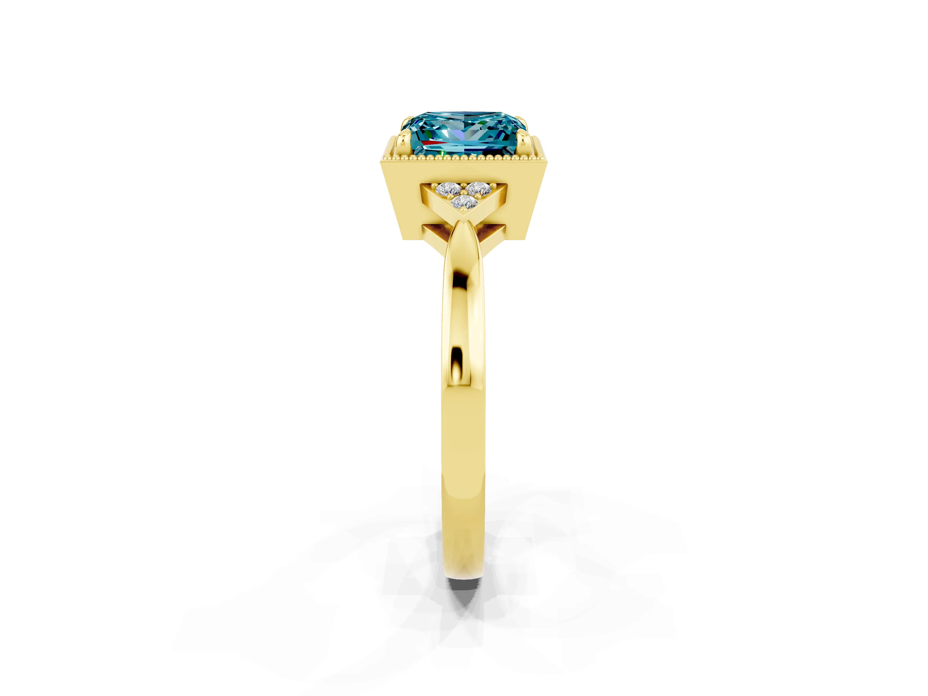 Yellow gold Princess Cut Blue Topaz Halo Ring with Tapered Band and Four-Prong Setting_2