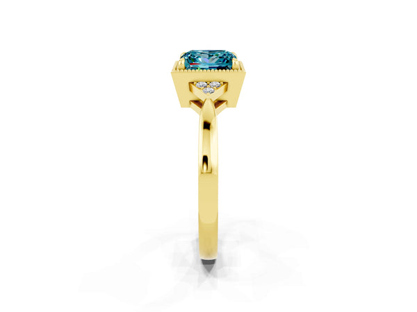 Yellow gold Princess Cut Blue Topaz Halo Ring with Tapered Band and Four-Prong Setting