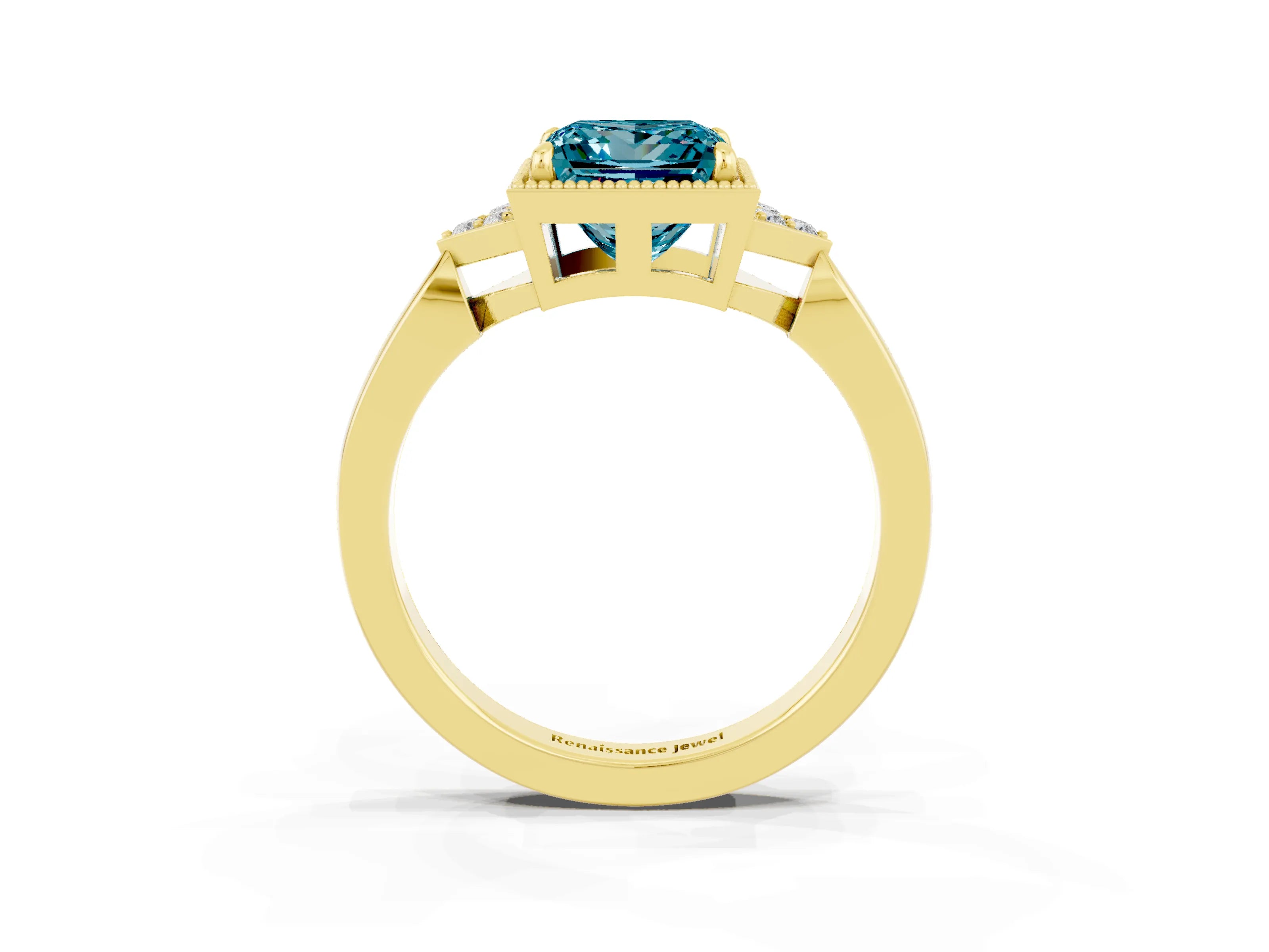 Yellow gold Princess Cut Blue Topaz Halo Ring with Tapered Band and Four-Prong Setting_3