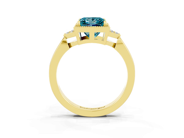 Yellow gold Princess Cut Blue Topaz Halo Ring with Tapered Band and Four-Prong Setting
