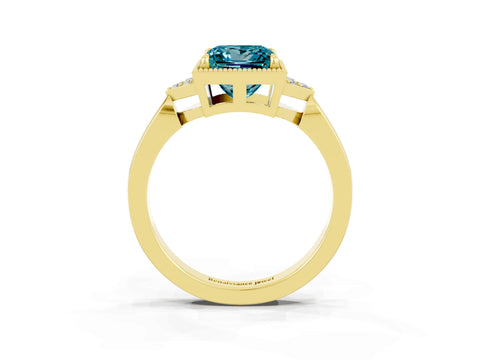 Yellow gold Princess Cut Blue Topaz Halo Ring with Tapered Band and Four-Prong Setting_3