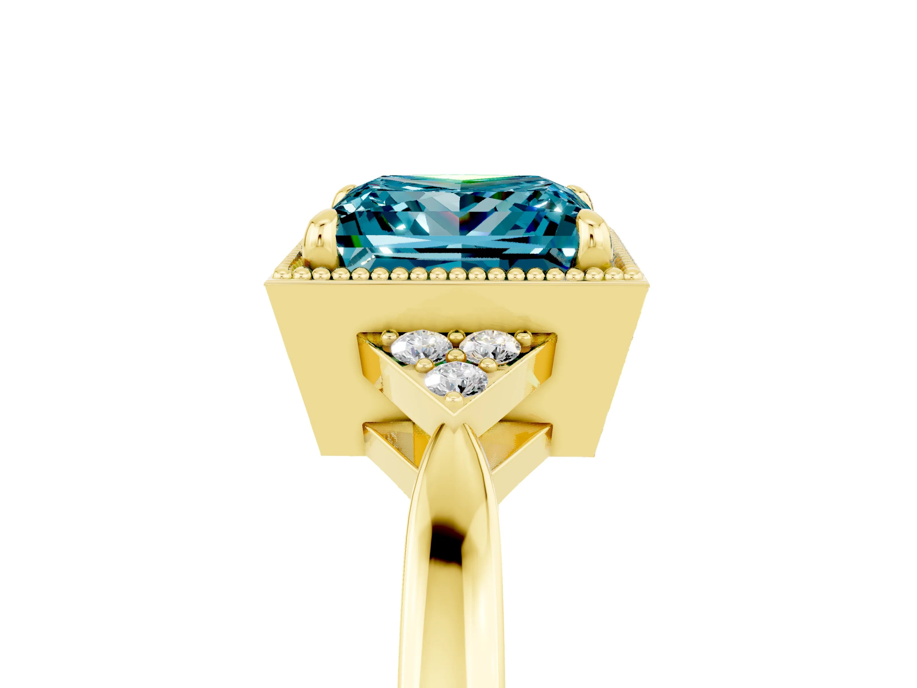 Yellow gold Princess Cut Blue Topaz Halo Ring with Tapered Band and Four-Prong Setting_5