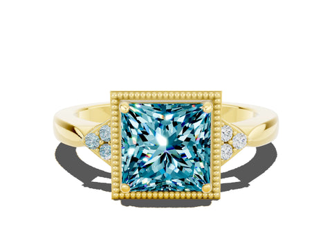 Yellow gold Princess Cut Blue Topaz Halo Ring with Tapered Band and Four-Prong Setting