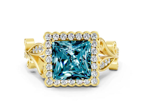 Yellow gold Princess Cut Blue Topaz Halo Ring with Vintage Split Shank and Four-Prong Setting