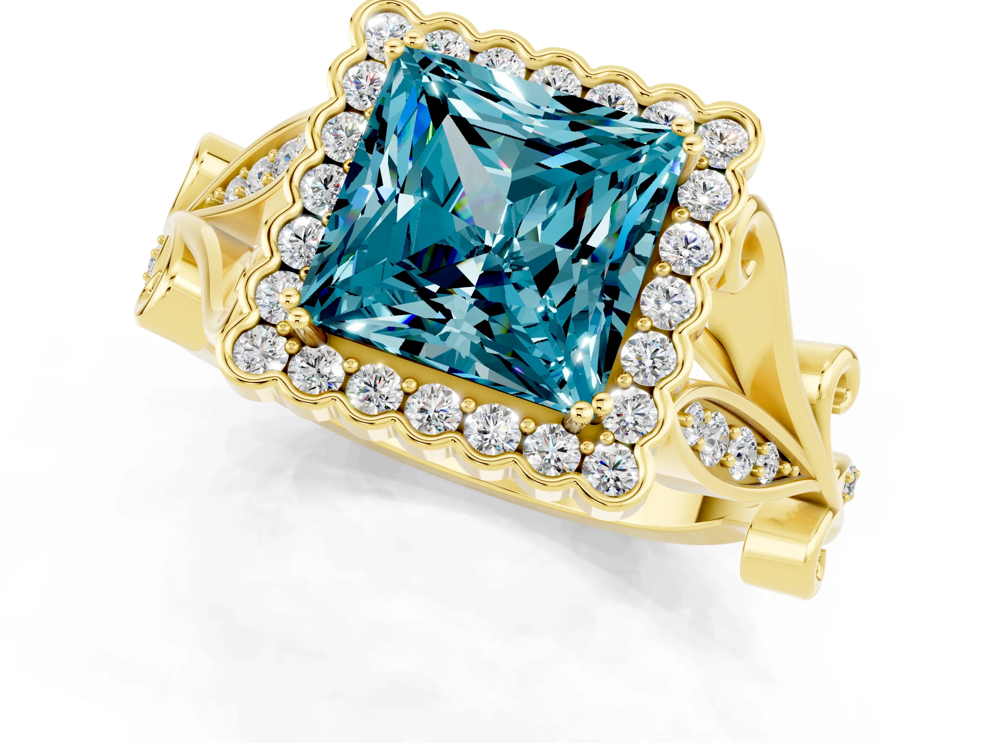 Yellow gold Princess Cut Blue Topaz Halo Ring with Vintage Split Shank and Four-Prong Setting_1