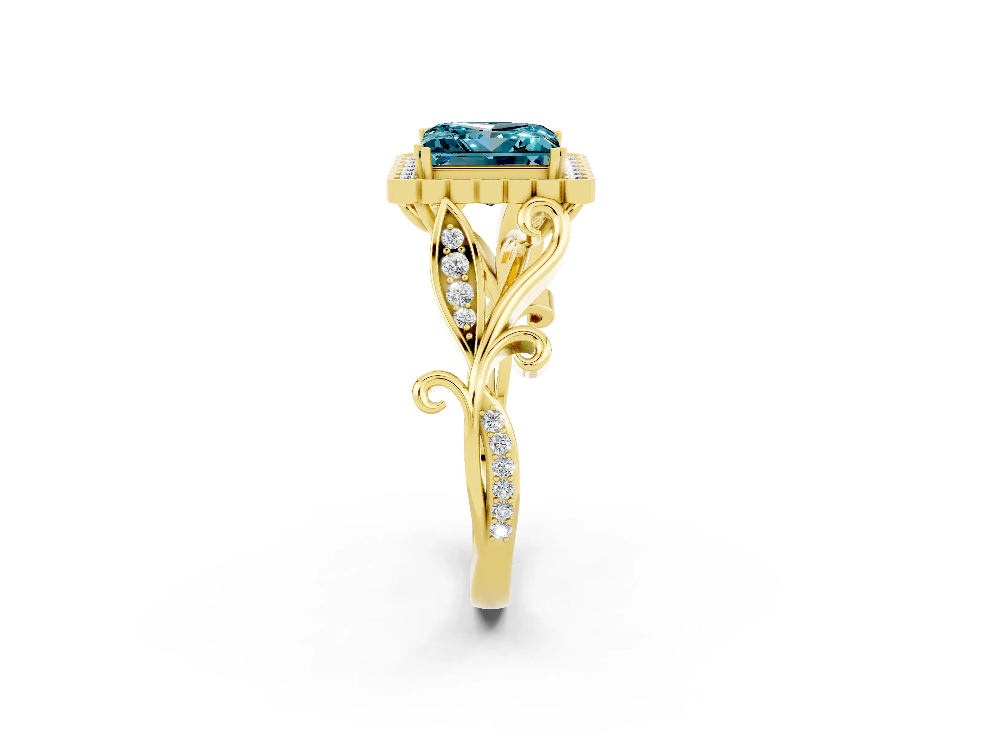 Yellow gold Princess Cut Blue Topaz Halo Ring with Vintage Split Shank and Four-Prong Setting_2