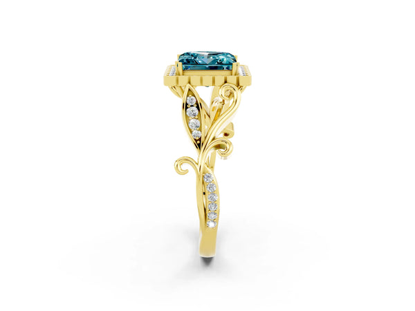 Yellow gold Princess Cut Blue Topaz Halo Ring with Vintage Split Shank and Four-Prong Setting