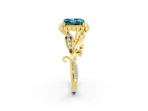 Yellow gold Princess Cut Blue Topaz Halo Ring with Vintage Split Shank and Four-Prong Setting_2