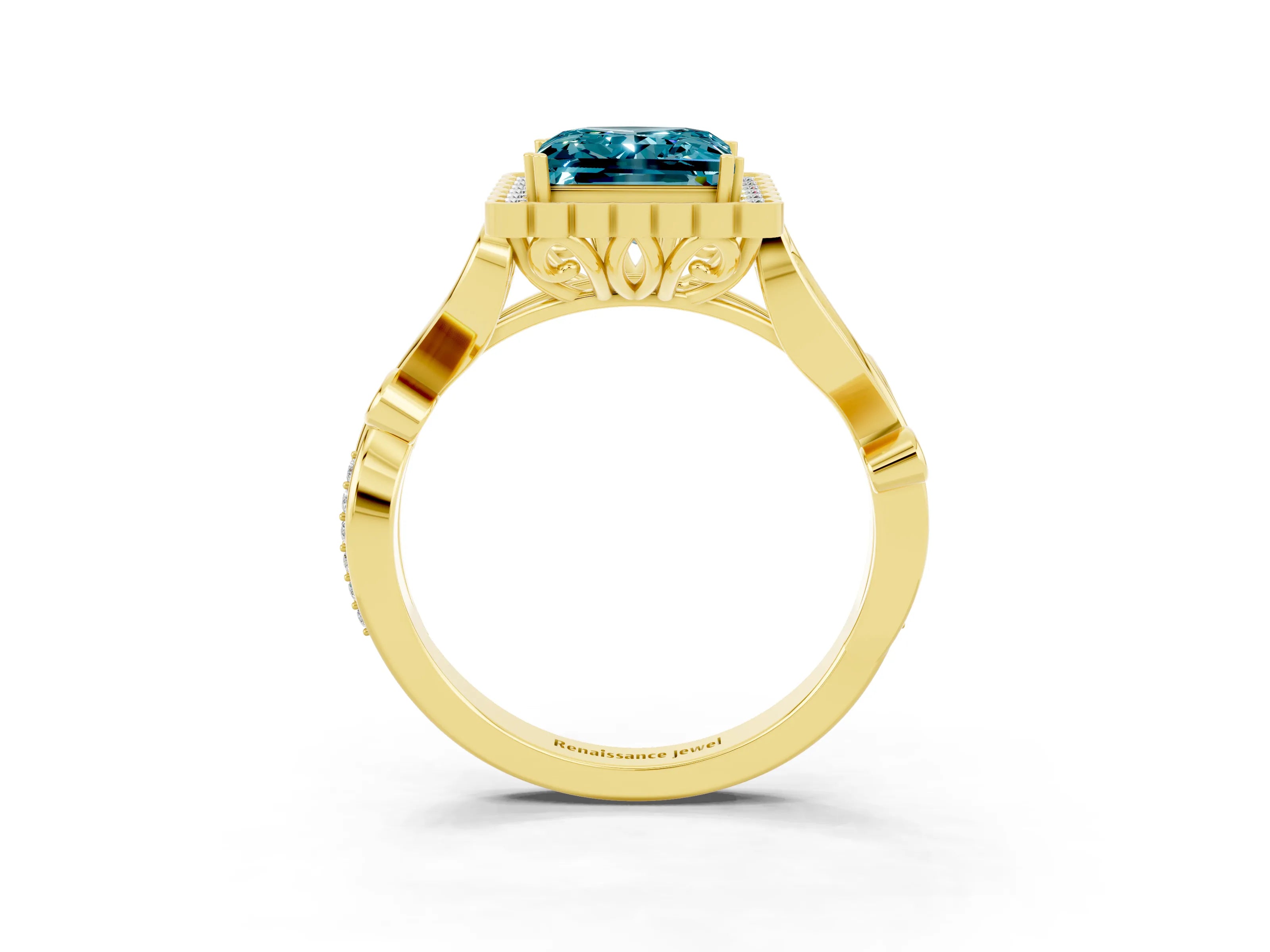Yellow gold Princess Cut Blue Topaz Halo Ring with Vintage Split Shank and Four-Prong Setting_3
