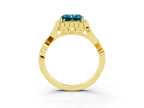 Yellow gold Princess Cut Blue Topaz Halo Ring with Vintage Split Shank and Four-Prong Setting_3