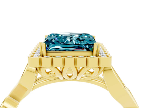 Yellow gold Princess Cut Blue Topaz Halo Ring with Vintage Split Shank and Four-Prong Setting_4