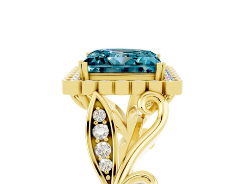 Yellow gold Princess Cut Blue Topaz Halo Ring with Vintage Split Shank and Four-Prong Setting_5