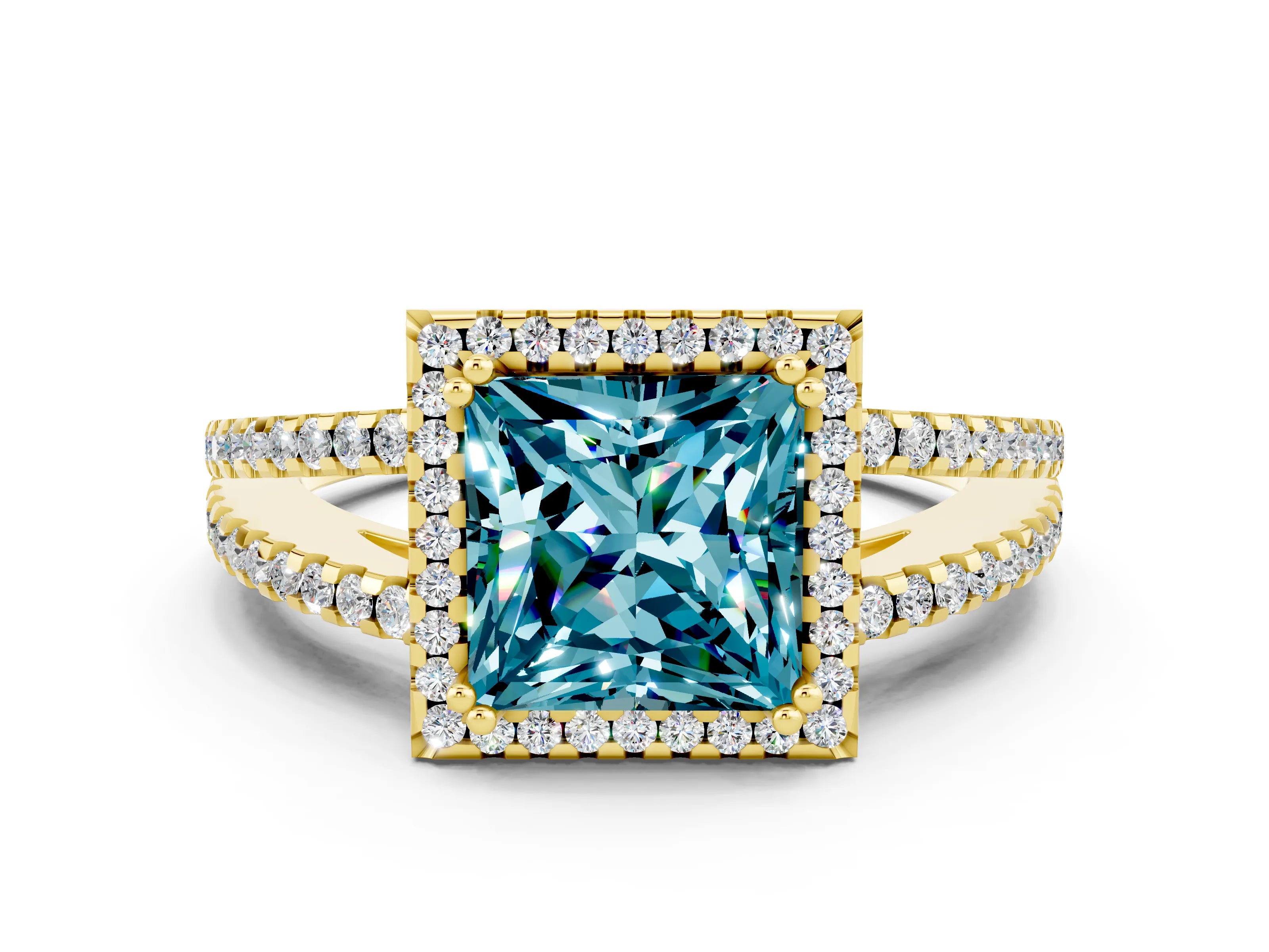 Yellow gold Princess Cut Blue Topaz Halo Split Shank Engagement Ring_12