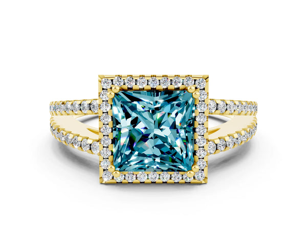 Yellow gold Princess Cut Blue Topaz Halo Split Shank Engagement Ring