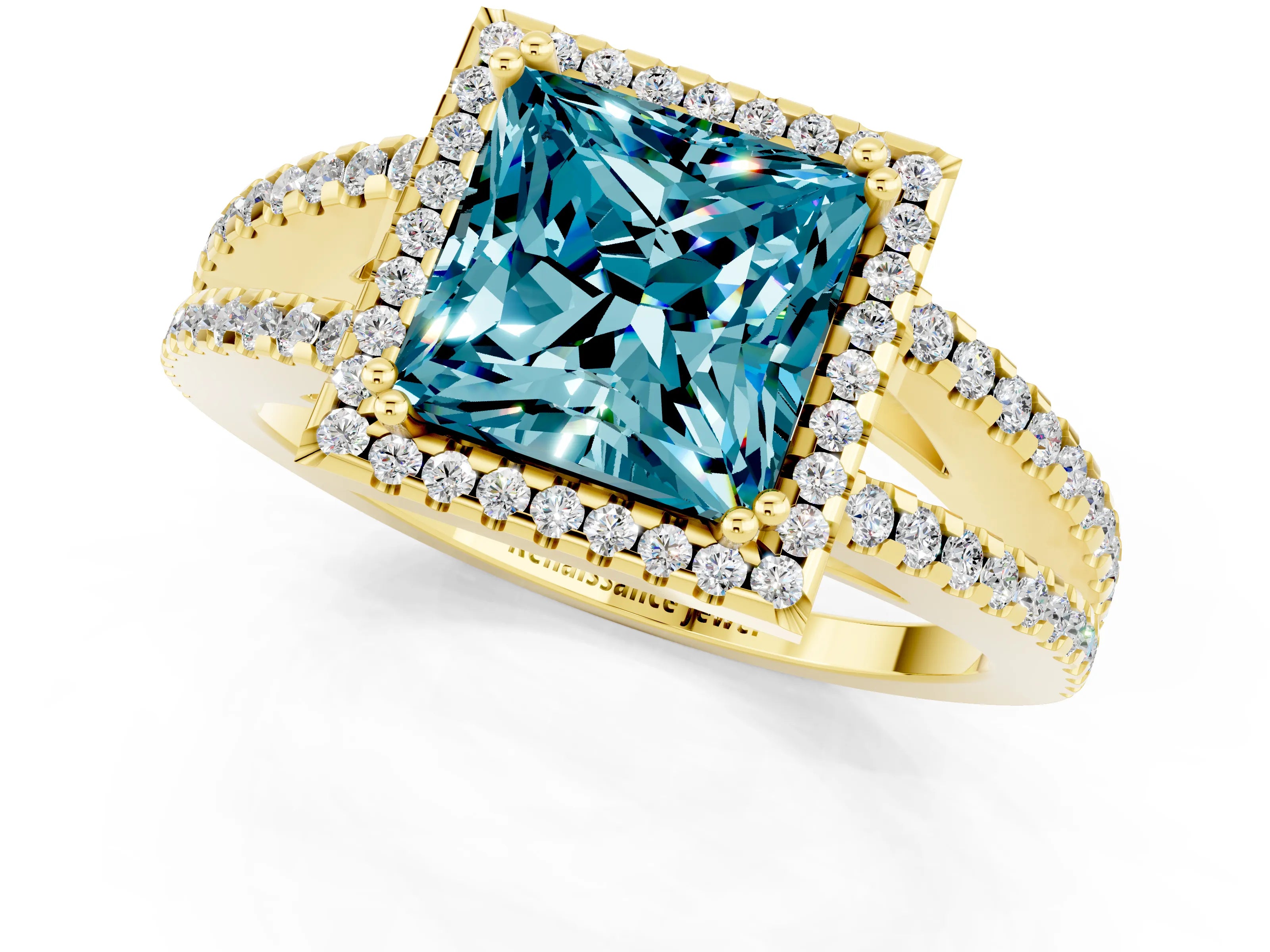 Yellow gold Princess Cut Blue Topaz Halo Split Shank Engagement Ring_13