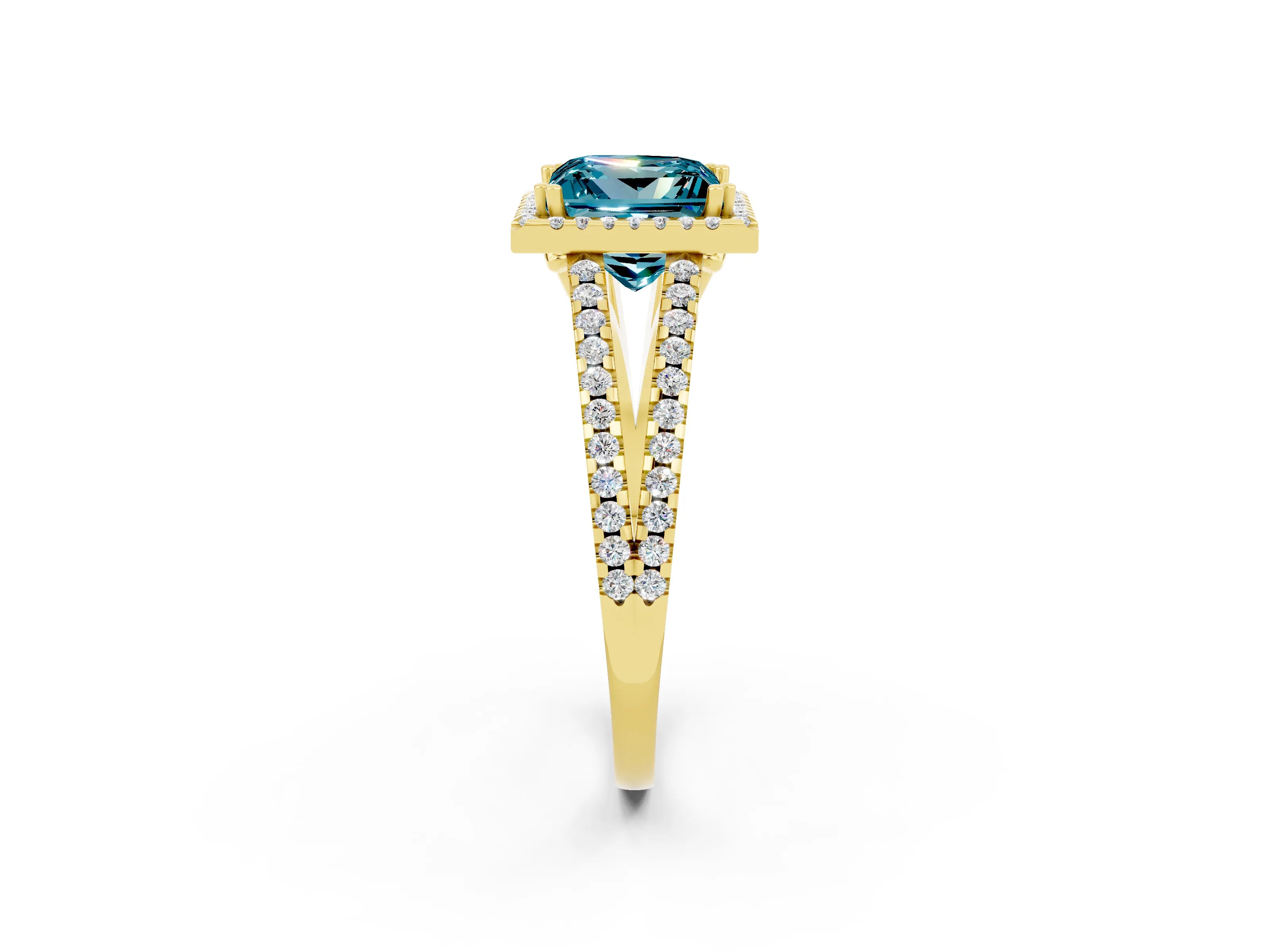 Yellow gold Princess Cut Blue Topaz Halo Split Shank Engagement Ring_14
