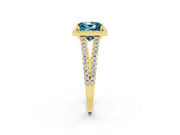 Yellow gold Princess Cut Blue Topaz Halo Split Shank Engagement Ring