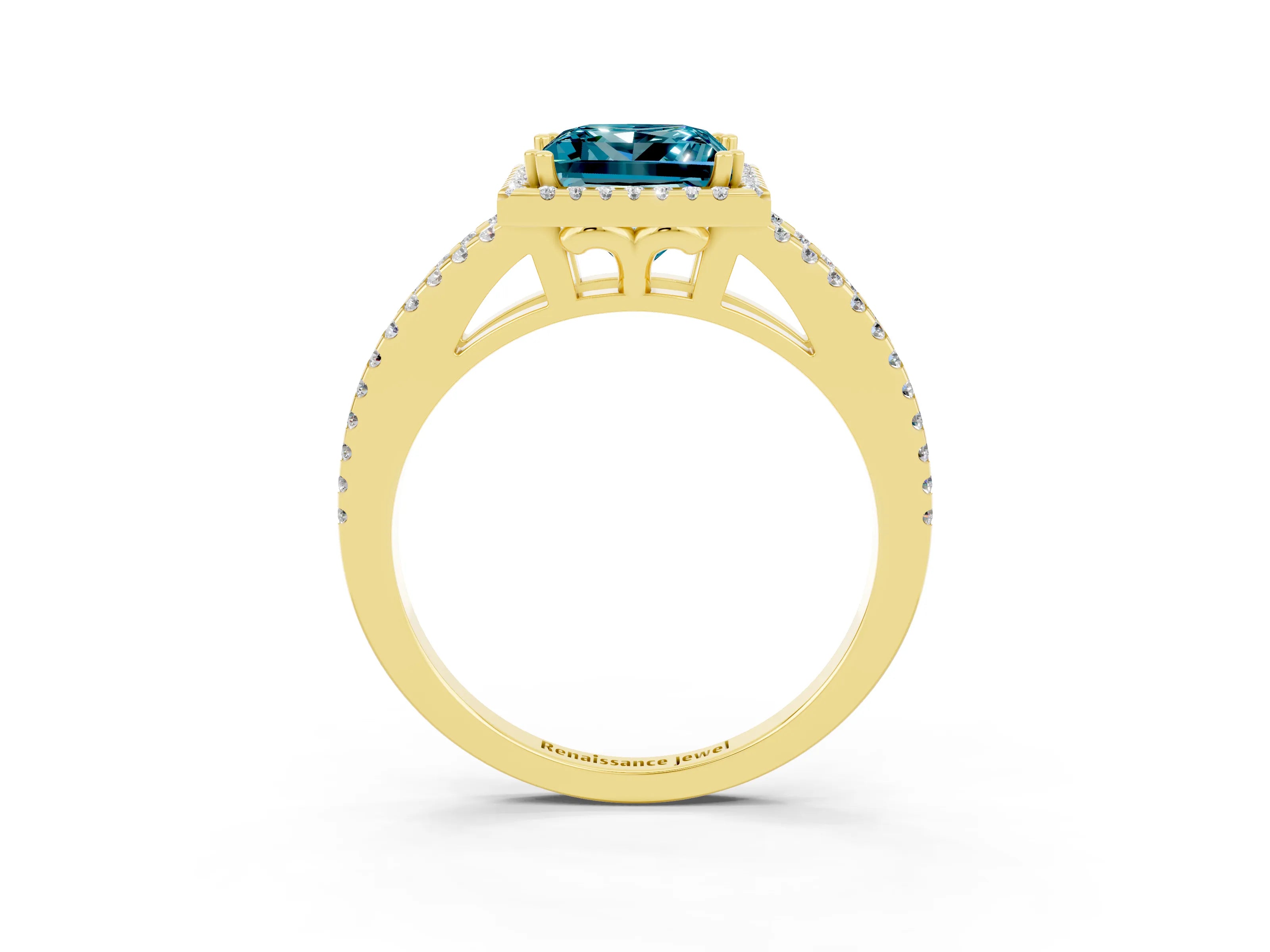 Yellow gold Princess Cut Blue Topaz Halo Split Shank Engagement Ring_15