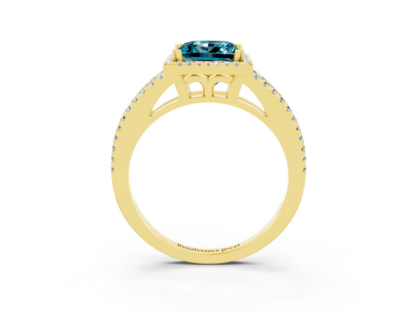 Yellow gold Princess Cut Blue Topaz Halo Split Shank Engagement Ring