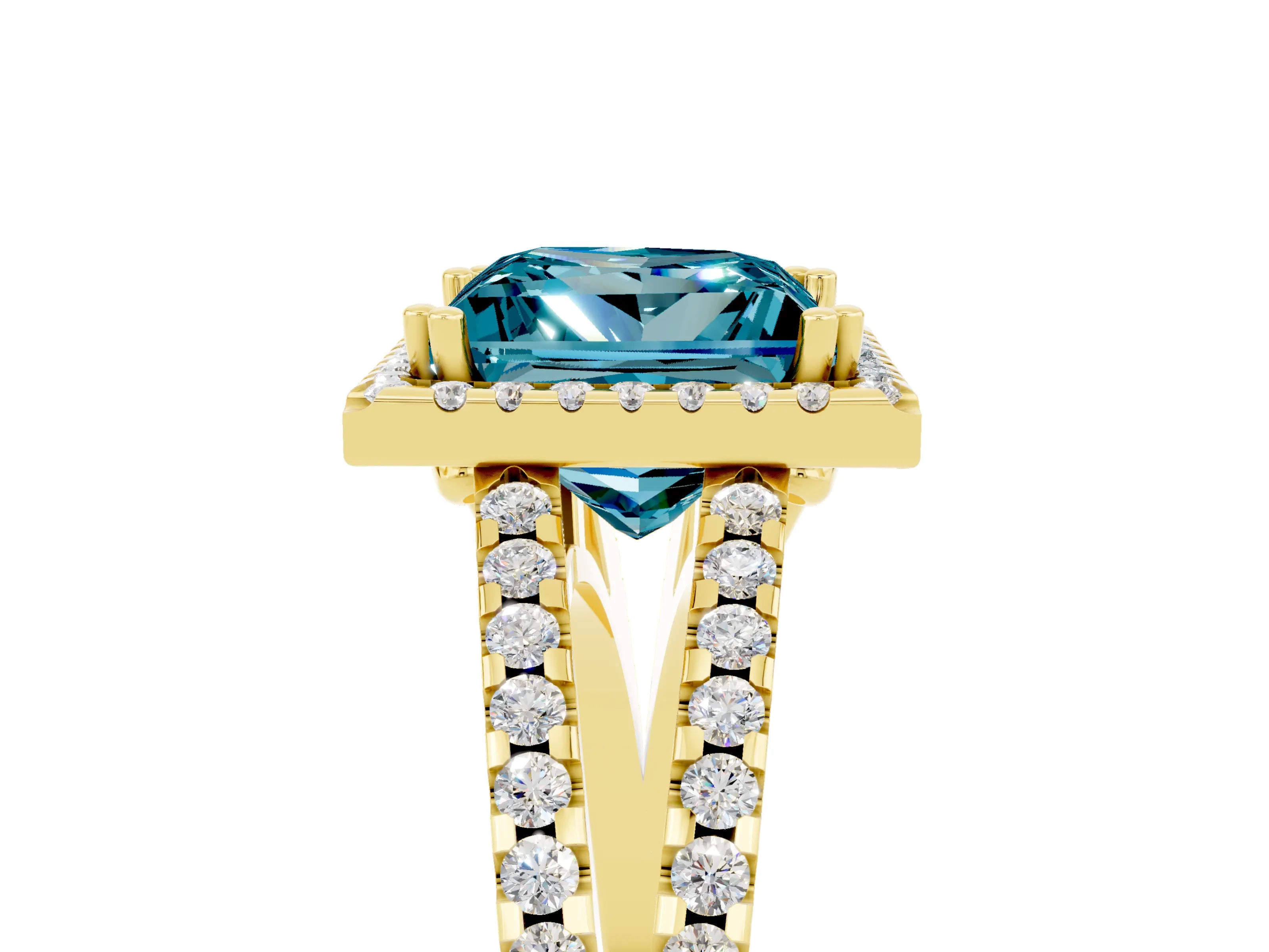Yellow gold Princess Cut Blue Topaz Halo Split Shank Engagement Ring_17