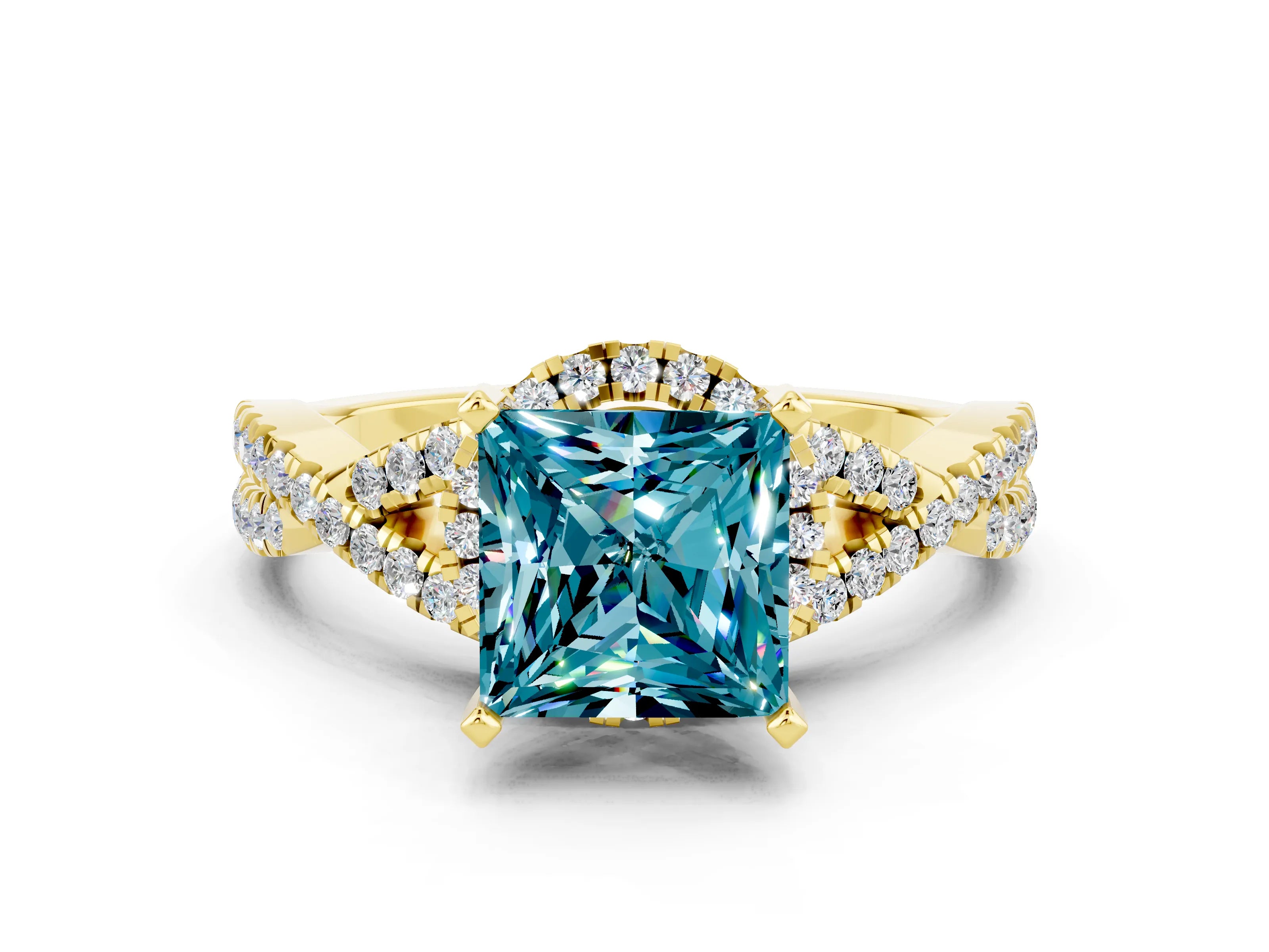 Yellow gold Princess Cut Blue Topaz Halo Twist Band Solitaire Prong Setting Ring