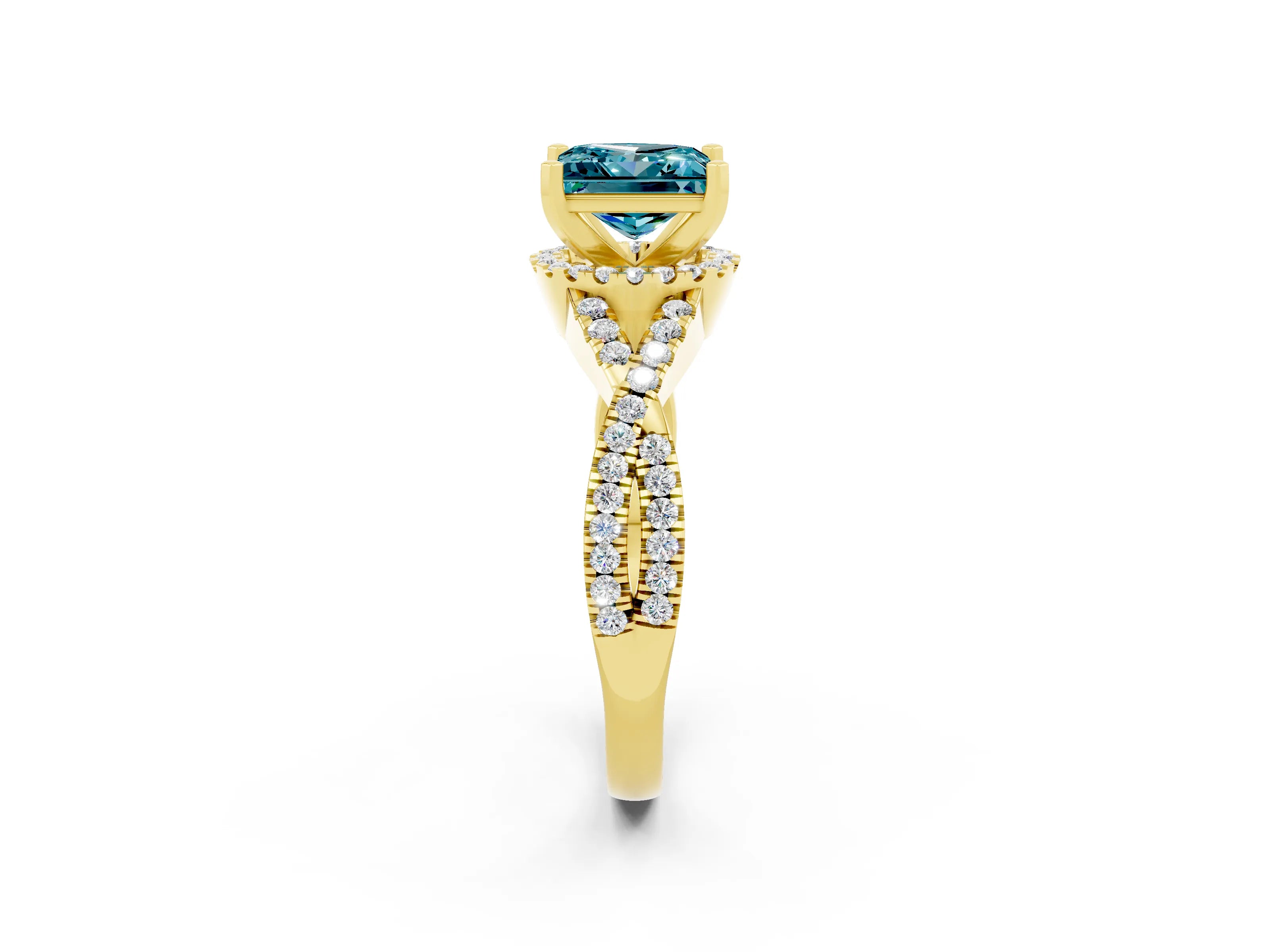 Yellow gold Princess Cut Blue Topaz Halo Twist Band Solitaire Prong Setting Ring_2
