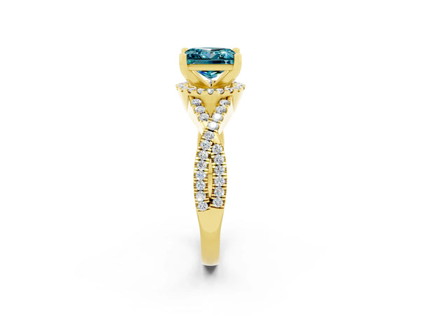 Yellow gold Princess Cut Blue Topaz  Halo Twist Band Solitaire Prong Setting Ring