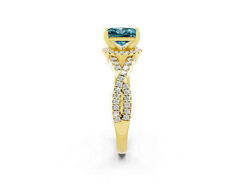 Yellow gold Princess Cut Blue Topaz Halo Twist Band Solitaire Prong Setting Ring_2