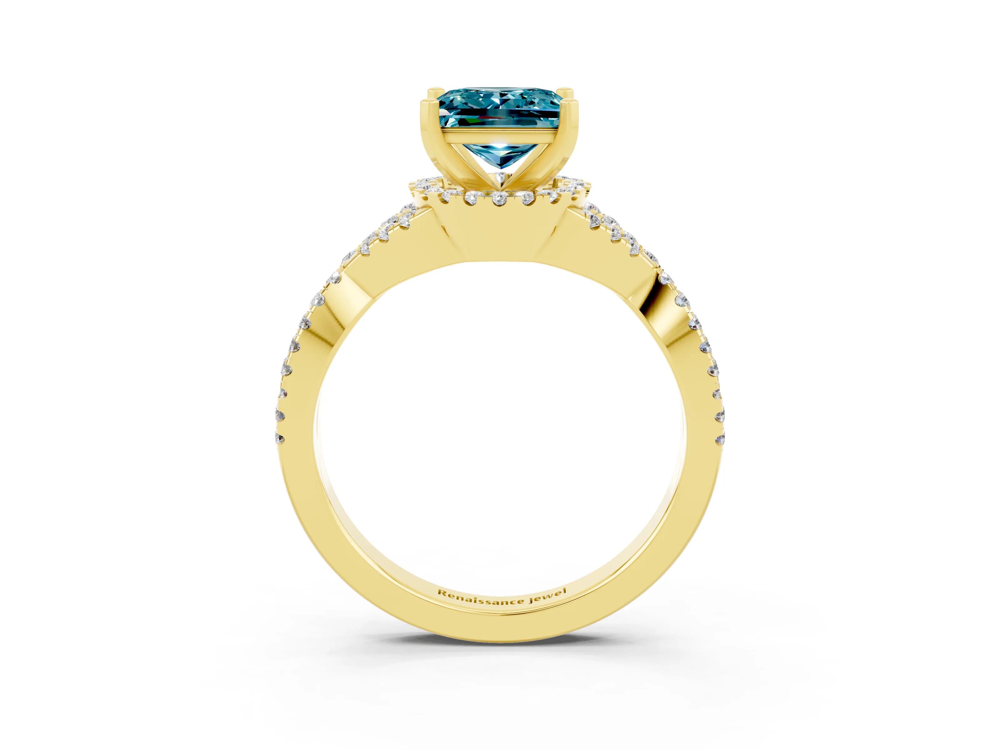 Yellow gold Princess Cut Blue Topaz Halo Twist Band Solitaire Prong Setting Ring_3