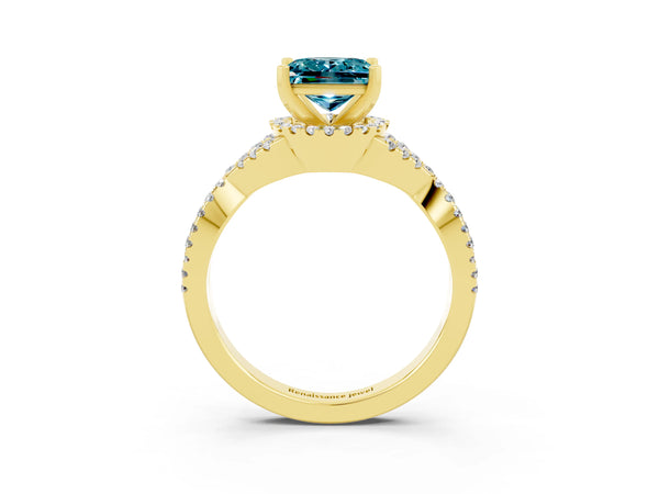 Yellow gold Princess Cut Blue Topaz  Halo Twist Band Solitaire Prong Setting Ring