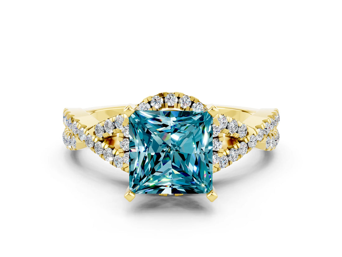 Yellow gold Princess Cut Blue Topaz  Halo Twist Band Solitaire Prong Setting Ring_36