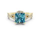 Yellow gold Princess Cut Blue Topaz  Halo Twist Band Solitaire Prong Setting Ring_36
