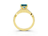 Yellow gold Princess Cut Blue Topaz  Halo Twist Band Solitaire Prong Setting Ring_39