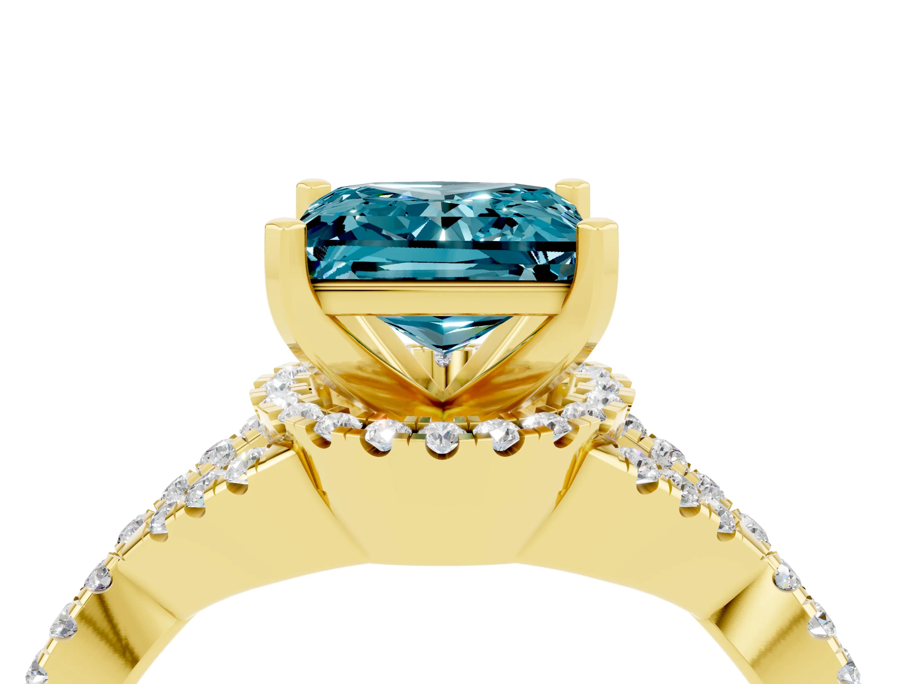 Yellow gold Princess Cut Blue Topaz Halo Twist Band Solitaire Prong Setting Ring_4