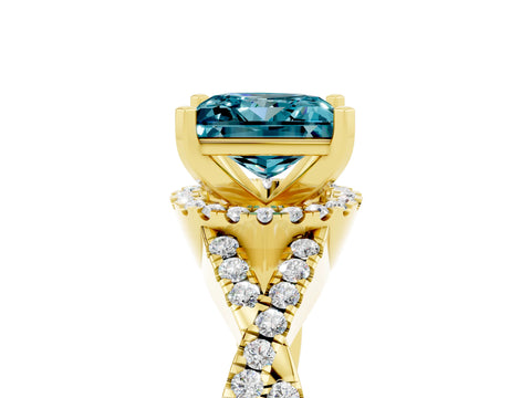 Yellow gold Princess Cut Blue Topaz Halo Twist Band Solitaire Prong Setting Ring_5