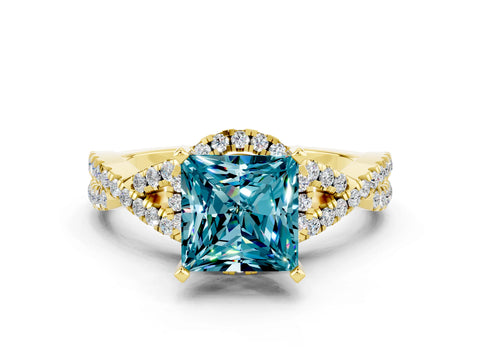 Yellow gold Princess Cut Blue Topaz Halo Twist Band Solitaire Prong Setting Ring