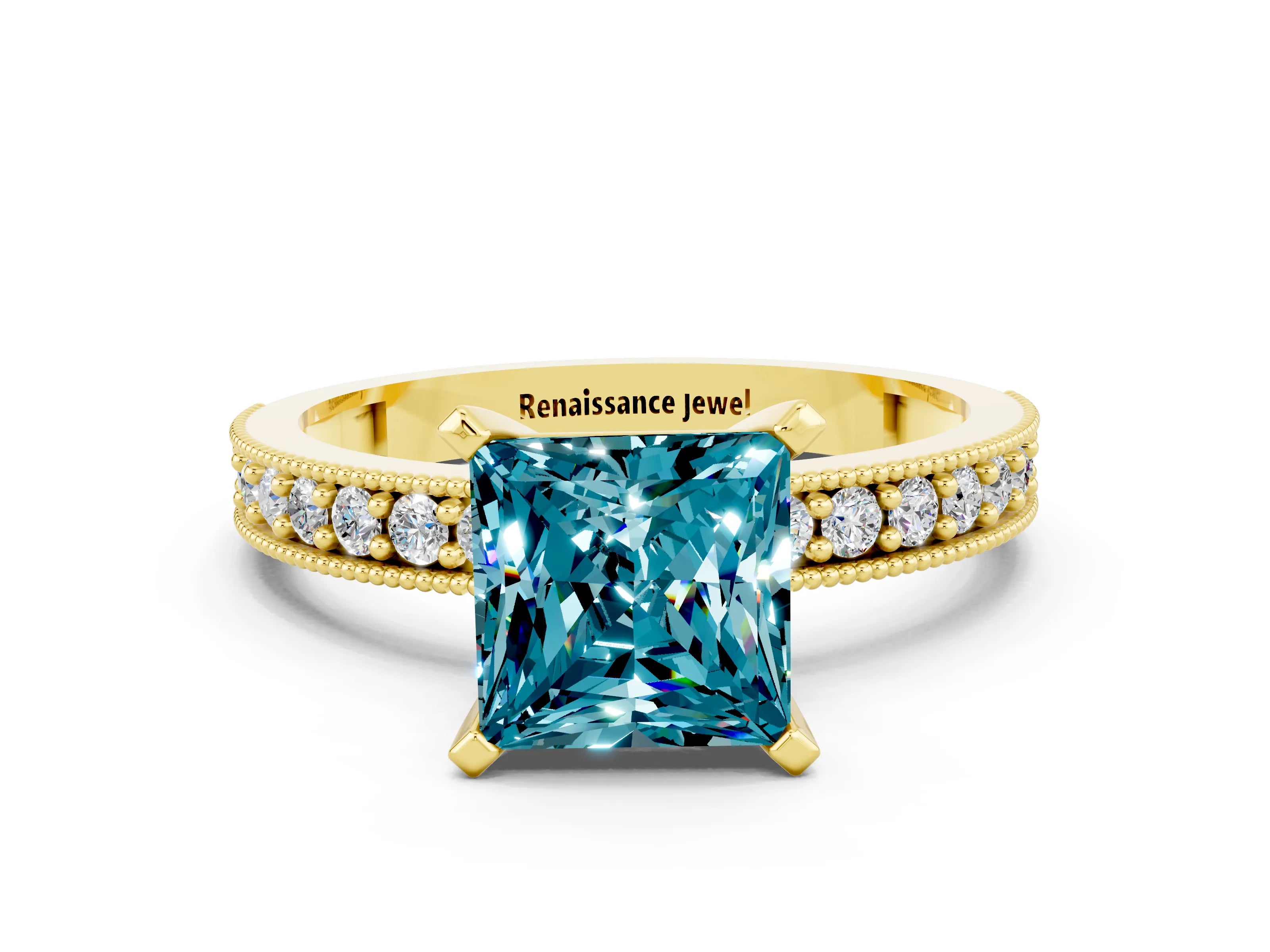 Yellow gold Princess Cut Blue Topaz Milgrain Pavé Engagement Ring with Four-Prong Setting_12
