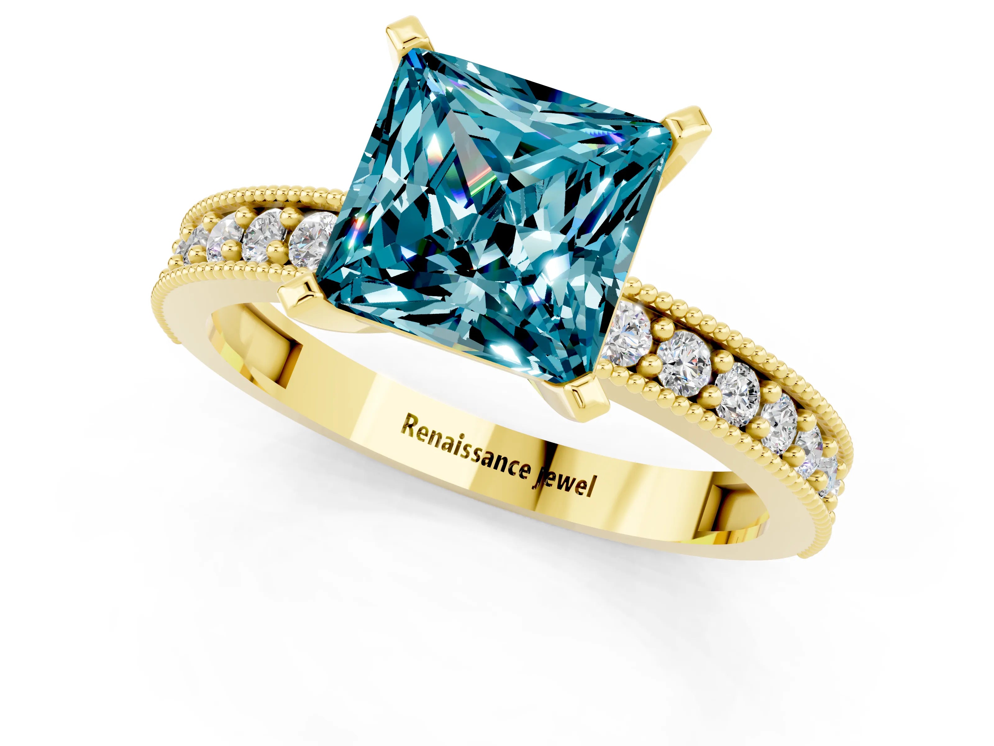 Yellow gold Princess Cut Blue Topaz Milgrain Pavé Engagement Ring with Four-Prong Setting_13