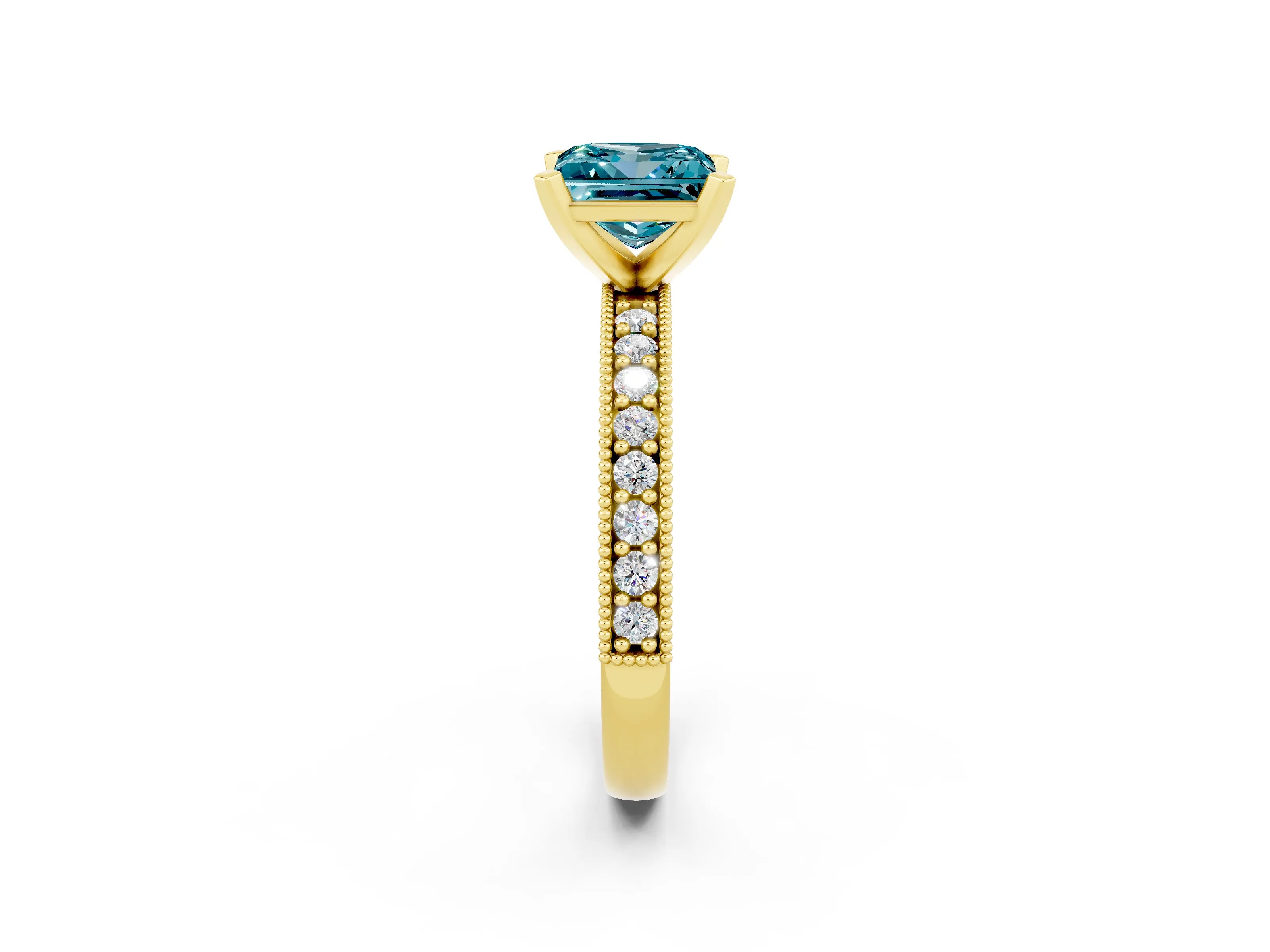 Yellow gold Princess Cut Blue Topaz Milgrain Pavé Engagement Ring with Four-Prong Setting_14