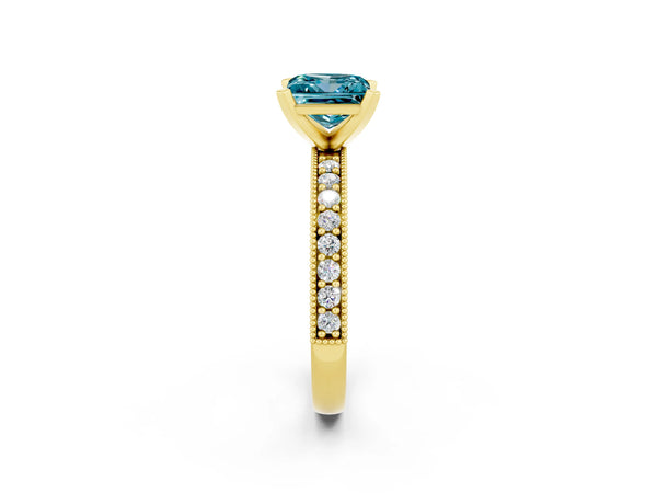 Yellow gold Princess Cut Blue Topaz Milgrain Pavé Engagement Ring with Four-Prong Setting