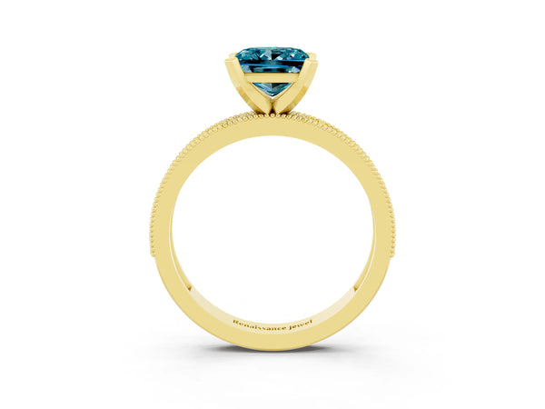 Yellow gold Princess Cut Blue Topaz Milgrain Pavé Engagement Ring with Four-Prong Setting