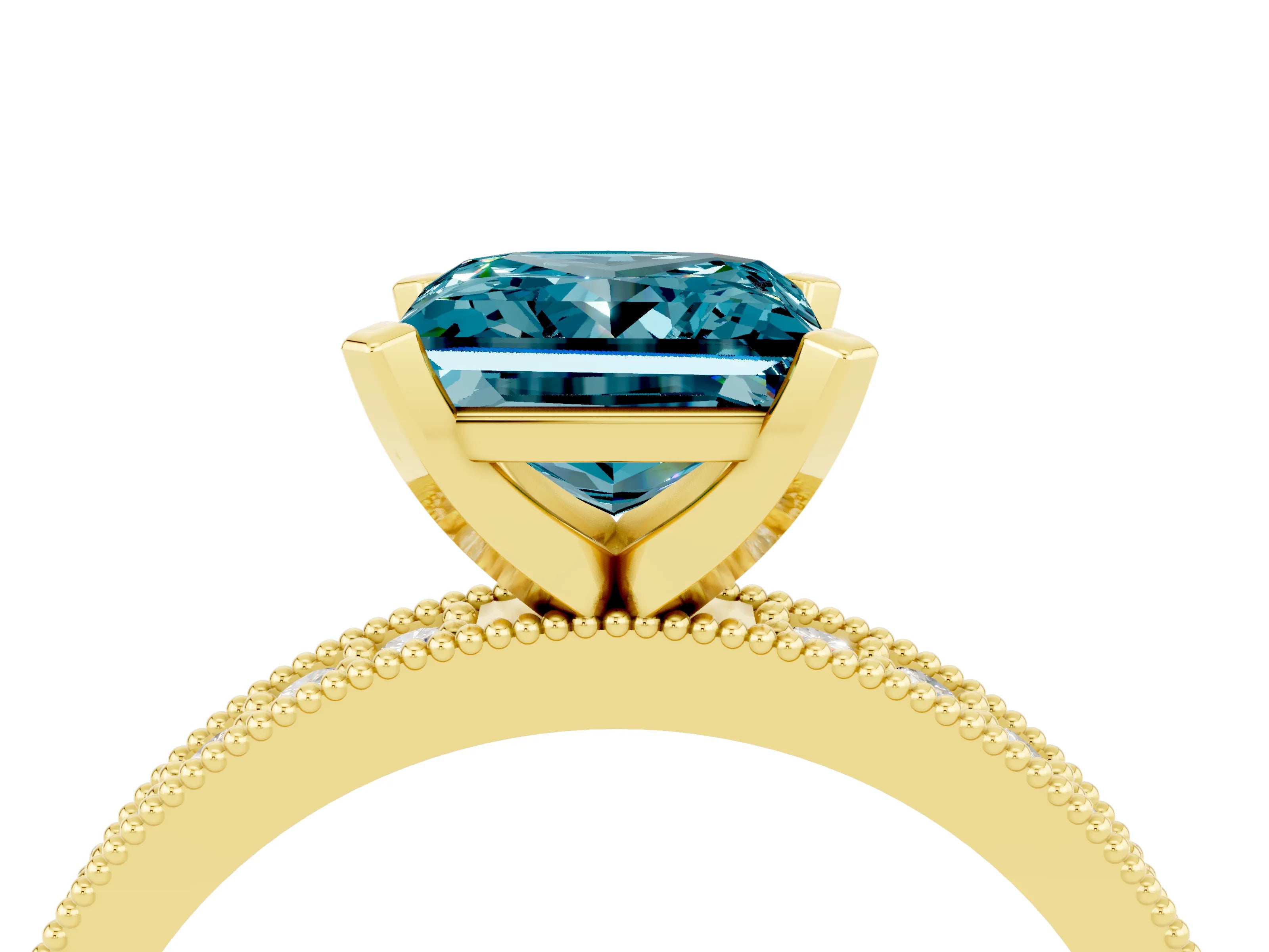Yellow gold Princess Cut Blue Topaz Milgrain Pavé Engagement Ring with Four-Prong Setting_16